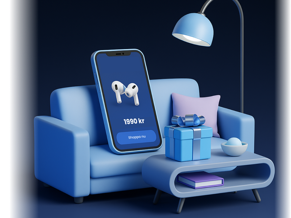 3D illustration with chair, phone and gift boxes